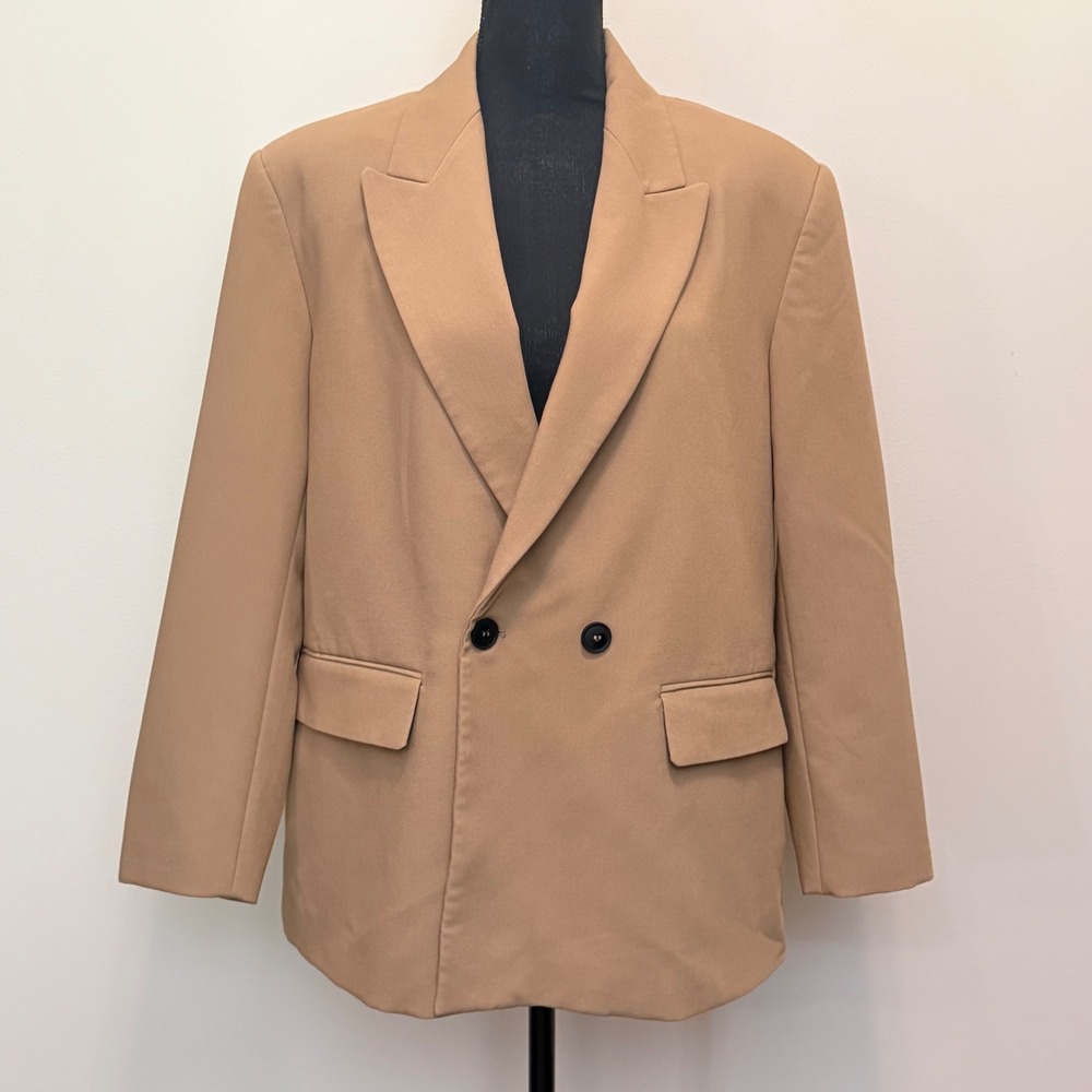 Zara Women Camel Tan Double Breasted Peak Lapel Blazer Jacket Women L Minimalist